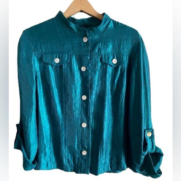 Ruby‎ Rd Nehru Collar Button Up Green Shimmer Silky Top Jacket Sz 12 - Picture 1 of 9